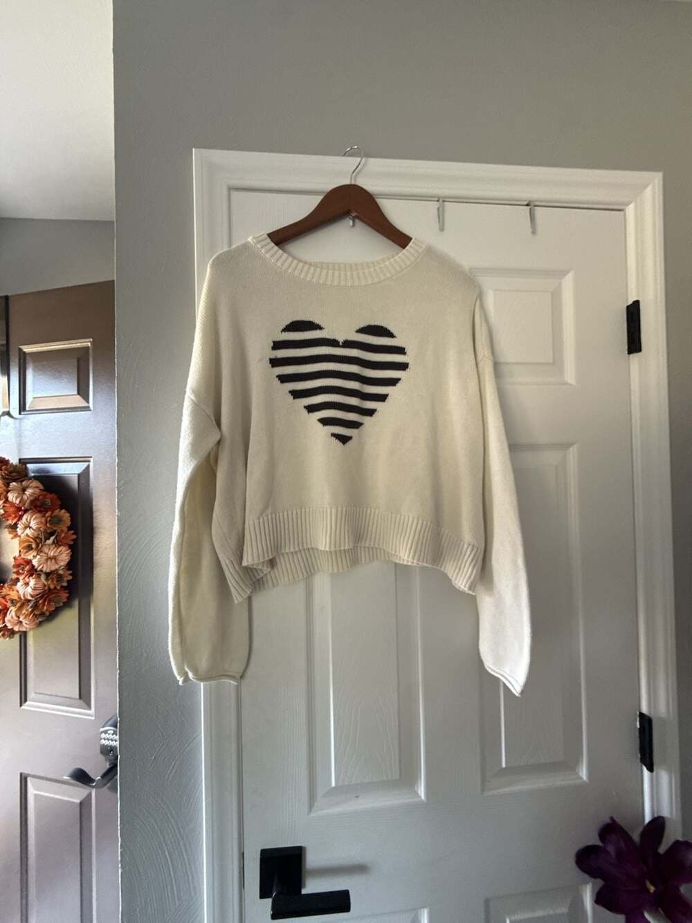 Z Supply Sienna Heart Sweater Size L Ivory Black Striped Cotton